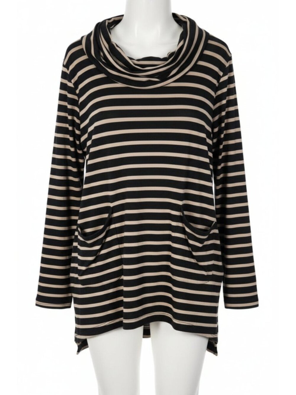Women's Venus Black/Beige Striped Cowl Neck Tunic Top -- ITEM #2482